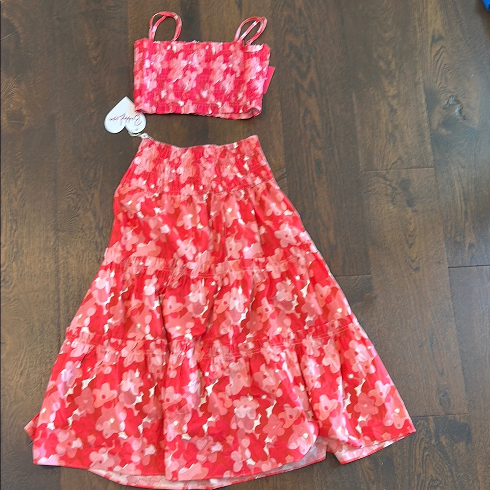 Buddy Love Floral Midi Skirt Set - Red and Pink